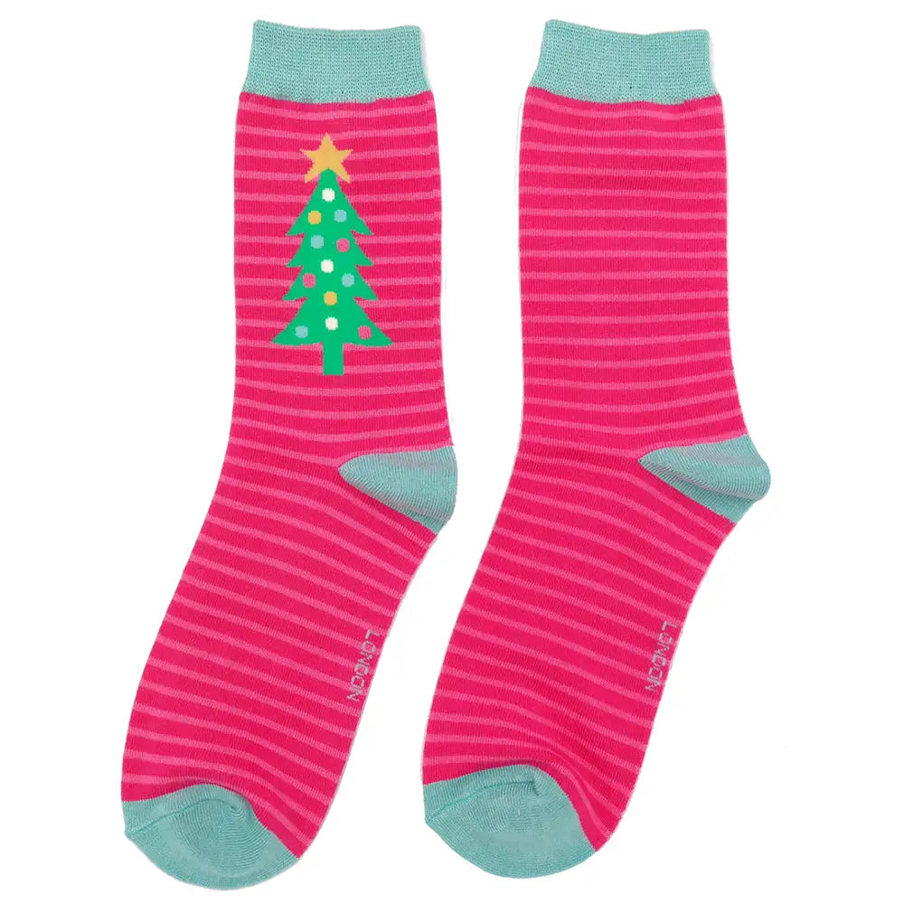 Pink striped socks with a Christmas tree design on a white background