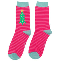 Pink striped socks with a Christmas tree design on a white background