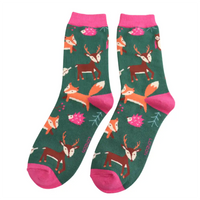 Dark green socks with bright pink cuffs, heels and toes. Cute woodland animals all over. 