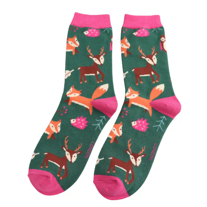 Dark green socks with bright pink cuffs, heels and toes. Cute woodland animals all over. 