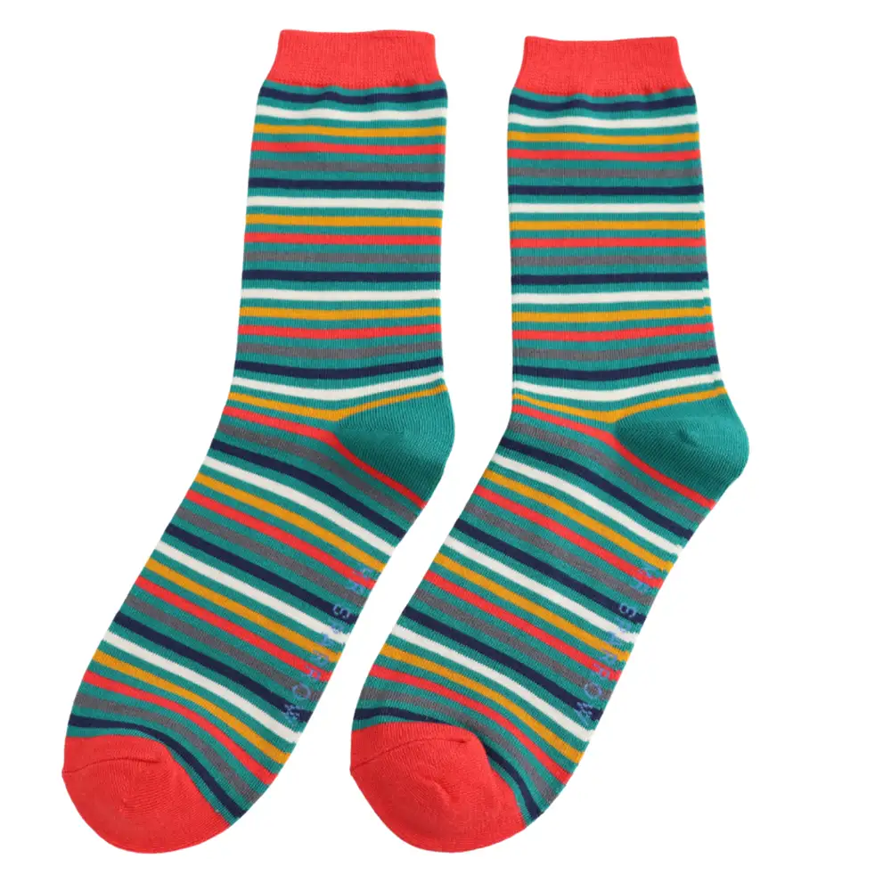 Striped socks in vibrant colours on a white background.