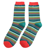 Striped socks in vibrant colours on a white background.