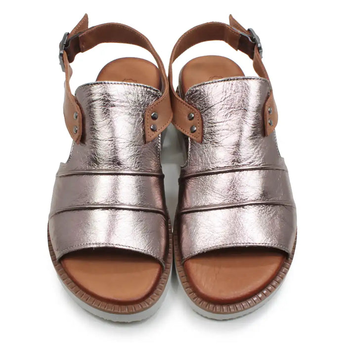 Pair of metallic sandals with brown straps on a white background