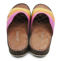 Pair of colorful sandals with a brand name on a white background