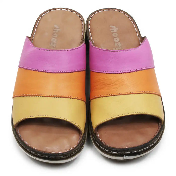 Colorful sandals with pink, orange, and yellow straps on a white background