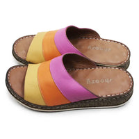 Colorful sandals with a brand name on a white background