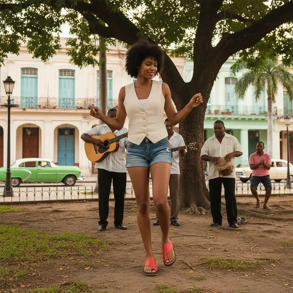 Woman dancing to a band in a park in Cuba.