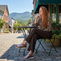 A woman sat outside a cafe somewhere in New Hampshire.