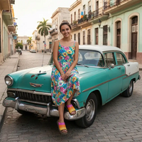 Young woman in a colourful sundress sat on the bonnet of an old American car in Cuba.