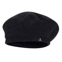 Deep blue beret hat. Brand badge on trim, honeycomb material.