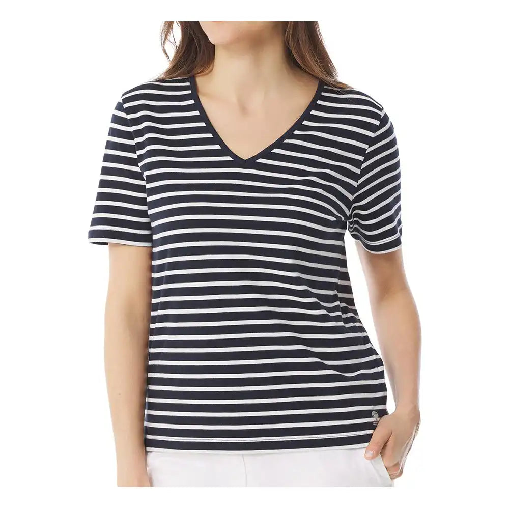Kelen Striped V Neck Top - Marine & Ecru