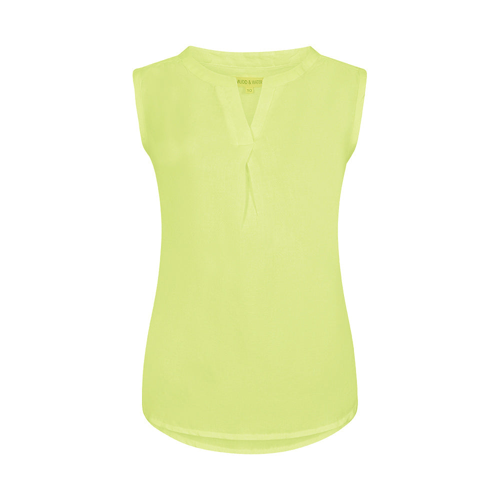 Mudd and Water sleeveless blouse in light lemon colour. Front flat view.