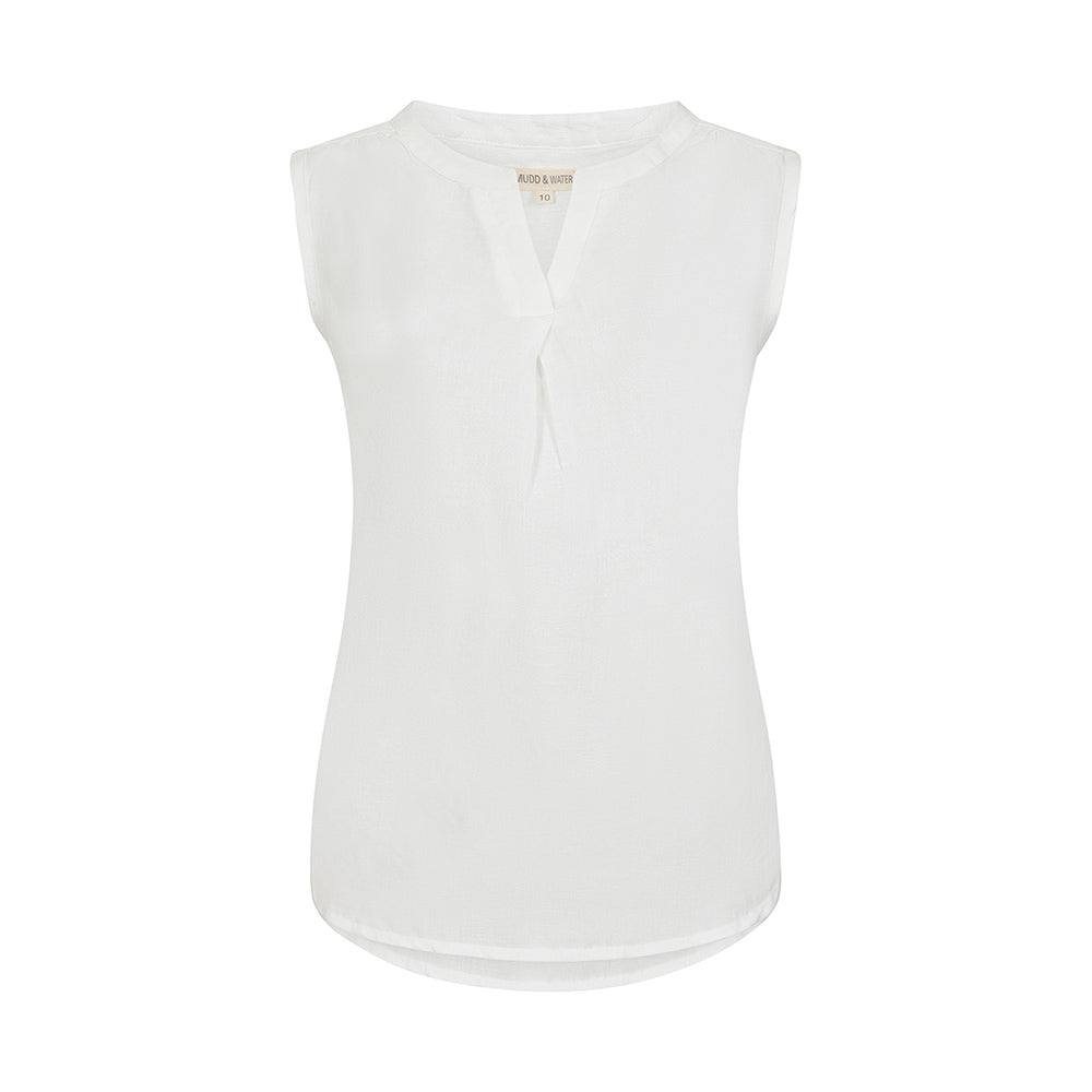 Mudd and Water sleeveless blouse in white. Front flat view.