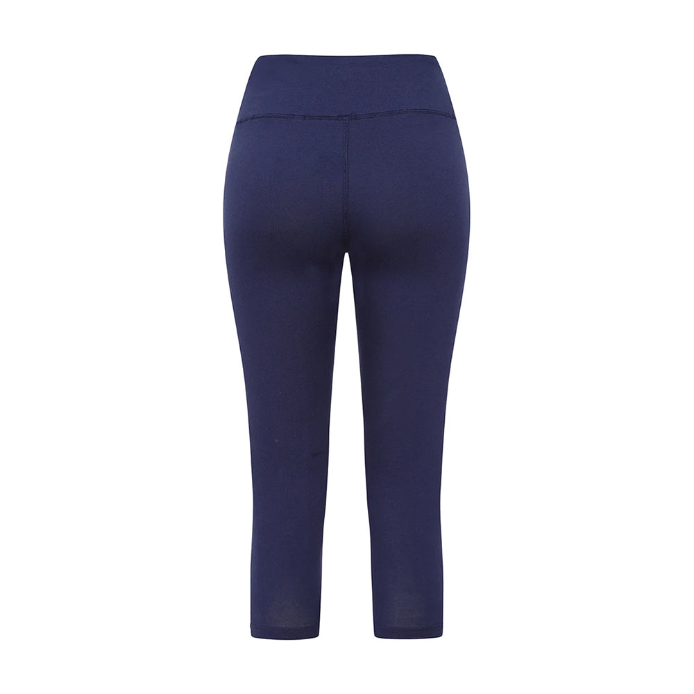 Mudd and Water Island leggings in blue. Three buttons detail at the bottom of the legs. Back view.