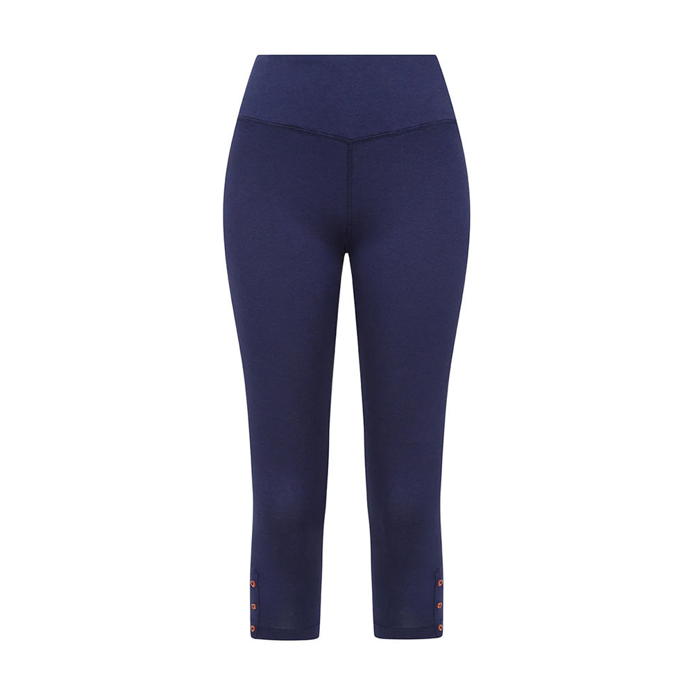 Mudd and Water Island leggings in blue. Three buttons detail at the bottom of the legs. Front view.