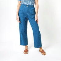 Mudd and Water Teal ankle grazer trousers. Pockets and elasticated waist. Front view.