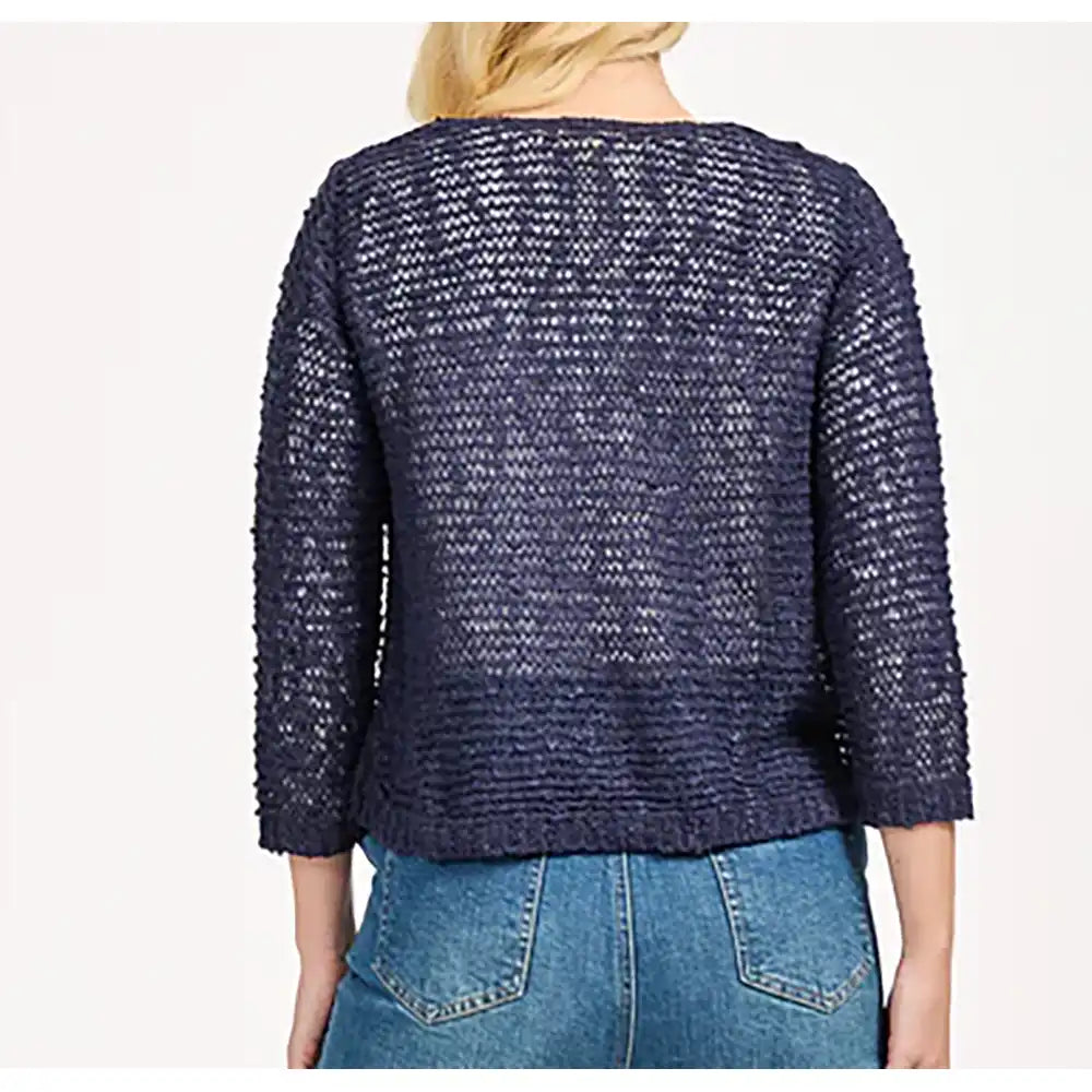 Back of a navy blue cardigan. Three quarter sleeves. 