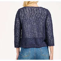 Back of a navy blue cardigan. Three quarter sleeves. 