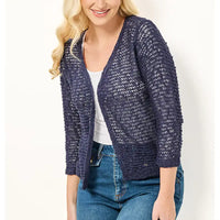 Front of a navy blue cardigan. Three quarter sleeves and open at the front. 