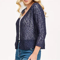 Side of a navy blue cardigan. Three quarter sleeves and open at the front. 