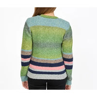 A woman shown from the back wearing a fuzzy striped knit sweater with horizontal bands of green, blue, pink, navy, and gray on a plain white background.