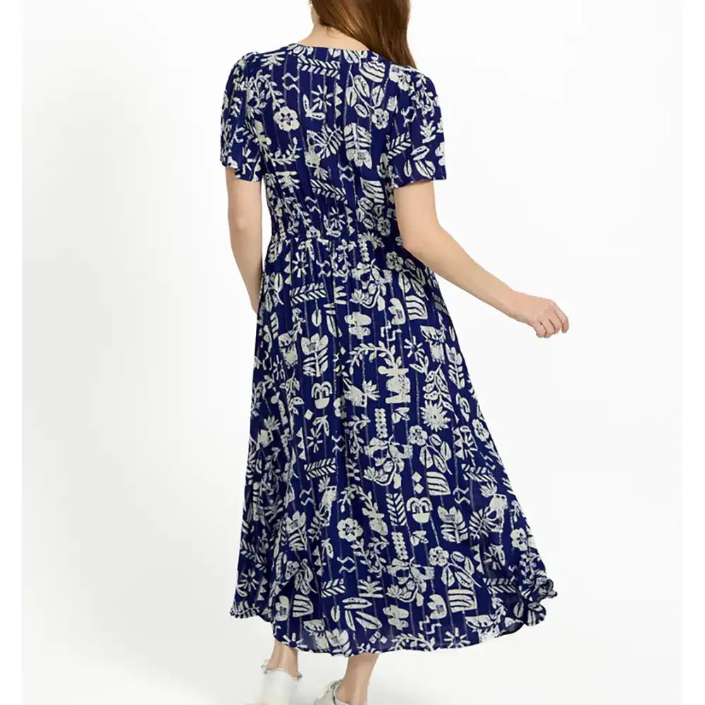 Leaf Print Button Dress - Navy & White