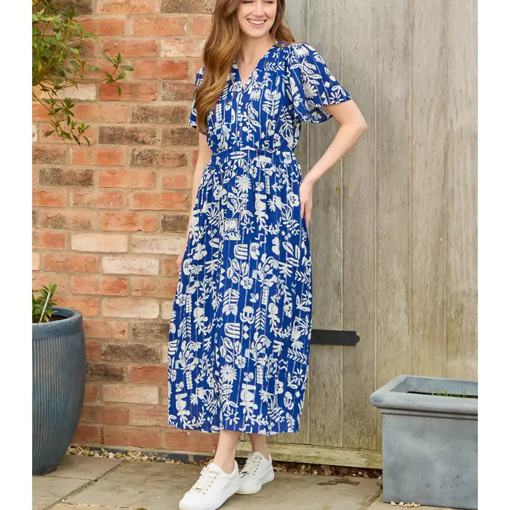 Leaf Print Button Dress - Navy & White
