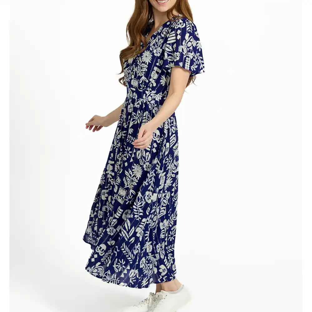 Leaf Print Button Dress - Navy & White