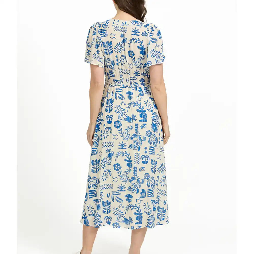 Leaf Print Button Dress - Pale Blue