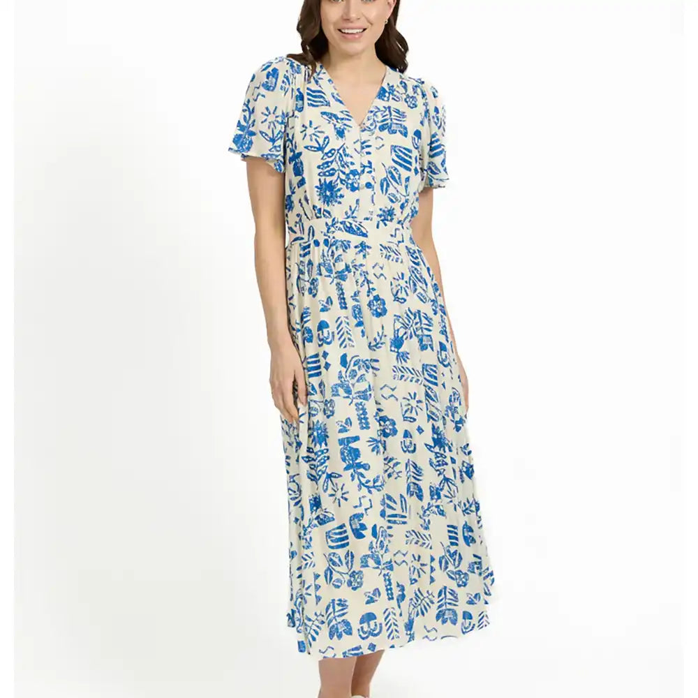 Leaf Print Button Dress - Pale Blue