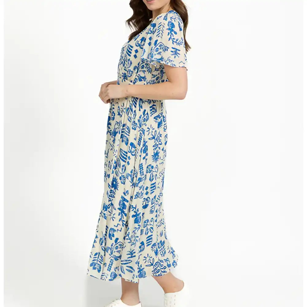 Leaf Print Button Dress - Pale Blue