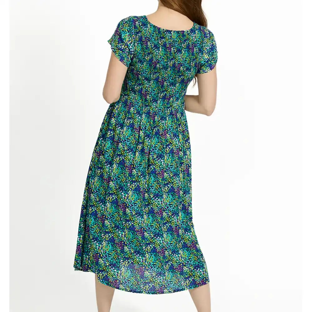 Dotty Shirred Dress - Green & Blue