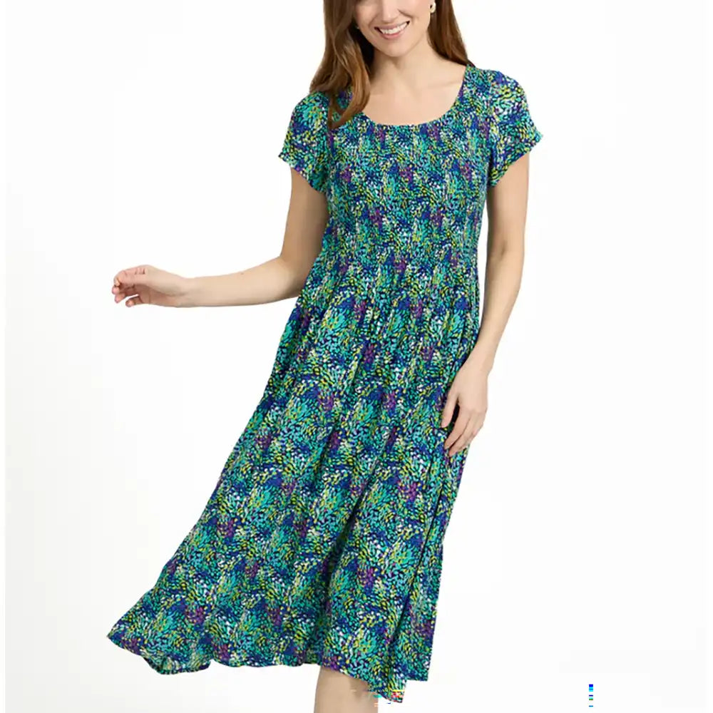 Dotty Shirred Dress - Green & Blue