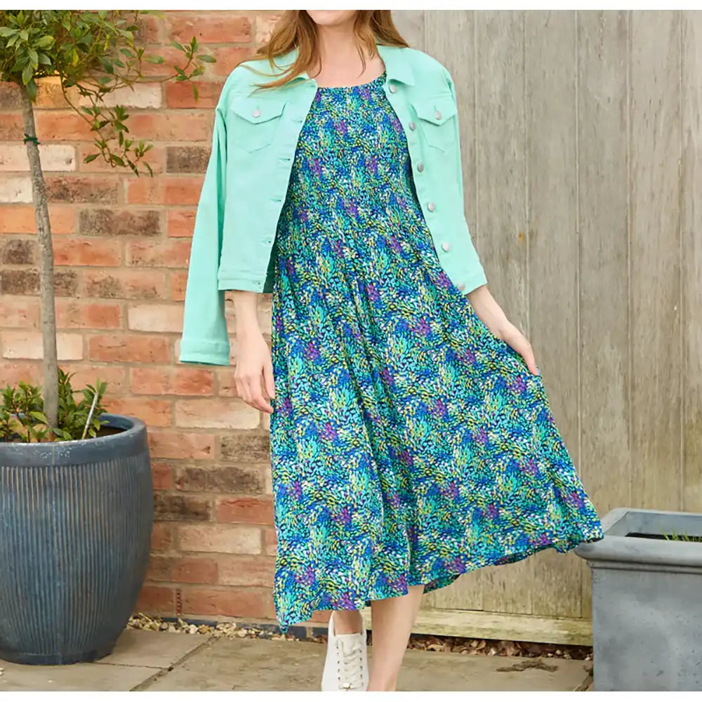 Dotty Shirred Dress - Green & Blue