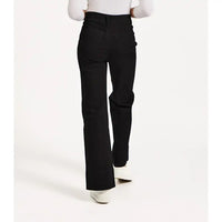 Black pants worn by a person on a white background