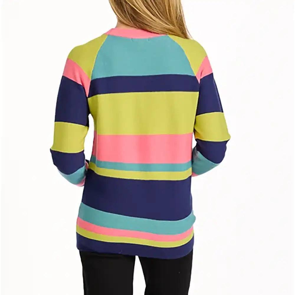 A woman shown from the back wearing a long-sleeve knit top with bold horizontal stripes in navy blue, lime green, teal, pink, and light blue on a plain white background.