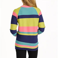 A woman shown from the back wearing a long-sleeve knit top with bold horizontal stripes in navy blue, lime green, teal, pink, and light blue on a plain white background.