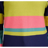 Close-up of a ribbed knit sweater with horizontal stripes in yellow, pink, teal, and navy blue.