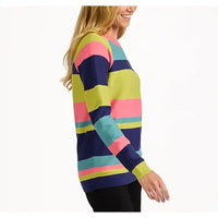 A woman wearing a long-sleeve knit sweater with bold horizontal stripes in navy blue, lime green, pink, and teal, shown from a side profile against a plain white background.
