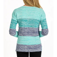 A woman viewed from the back wearing a long-sleeve knit sweater with horizontal textured stripes in mint green, teal, and heathered gray-blue, paired with black pants against a plain white background.