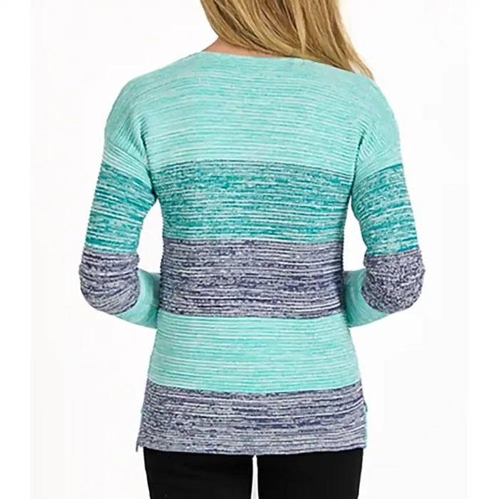 A woman viewed from the back wearing a long-sleeve knit sweater with horizontal textured stripes in mint green, teal, and heathered gray-blue, paired with black pants against a plain white background.