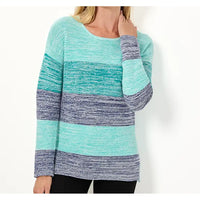 A woman wearing a long-sleeve knit sweater with horizontal stripes in mint green, teal, and heathered navy blue, shown against a plain white background.