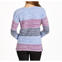 A woman shown from the back wearing a long-sleeve knit sweater with horizontal marled stripes in light blue, pink, and dark gray, paired with black pants against a plain white background.