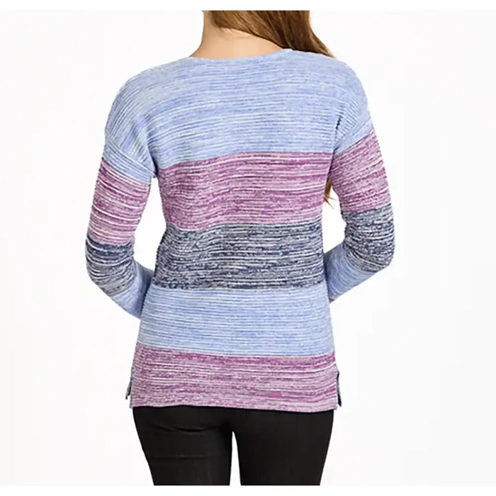 A woman shown from the back wearing a long-sleeve knit sweater with horizontal marled stripes in light blue, pink, and dark gray, paired with black pants against a plain white background.