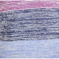 Close-up of a striped knit fabric with horizontal bands of pink, navy blue, and light blue with white heathered texture.