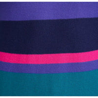 A close-up of a ribbed knit fabric with horizontal stripes in purple, navy blue, bright pink, and teal green.