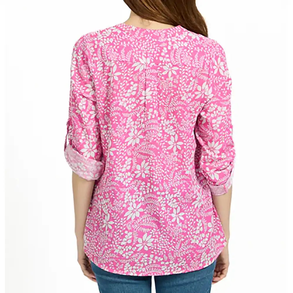 Leaf Print Cotton Shirt - Pink