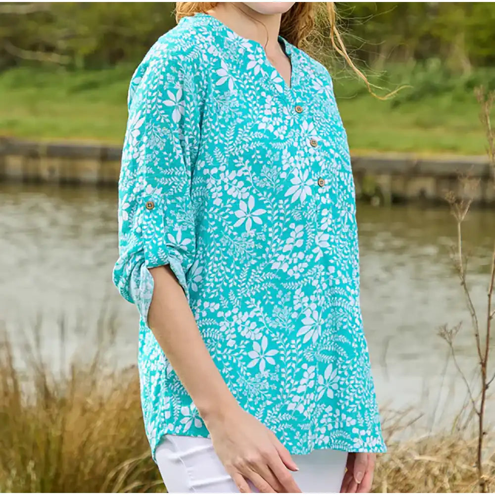 Leaf Print Cotton Shirt - Teal