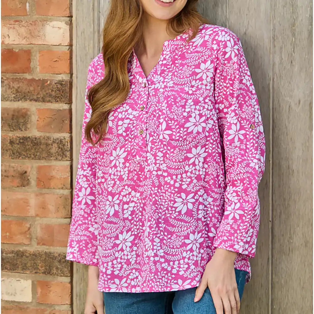 Leaf Print Cotton Shirt - Pink
