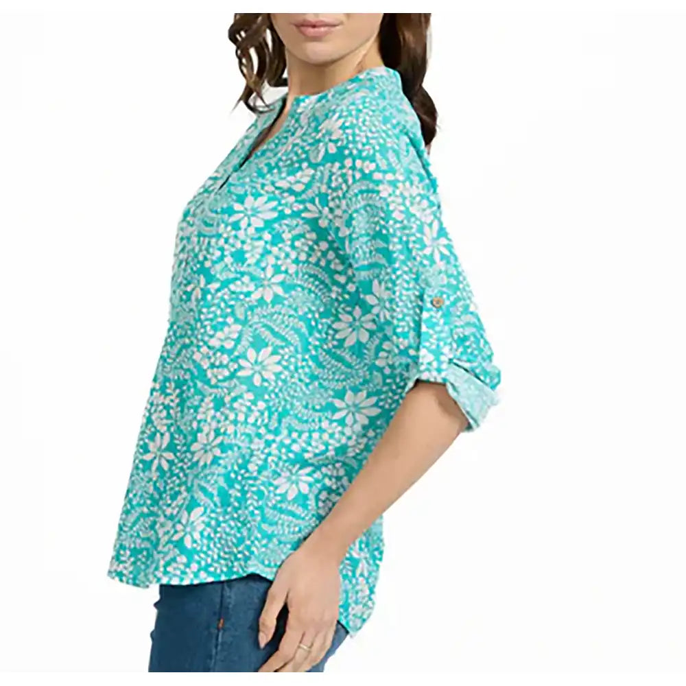 Leaf Print Cotton Shirt - Teal